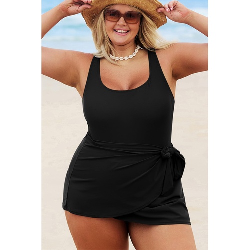 Black Solid Color Square Neck Knotted Plus Size One Piece Swimsuit - 1X - Main Image