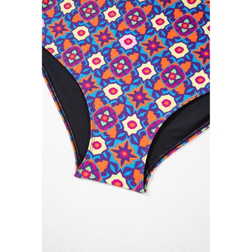 Black Drawstring Tied Front Flared Top Geometric Print Bottom Plus Size Tankinis - 1X - Main Image