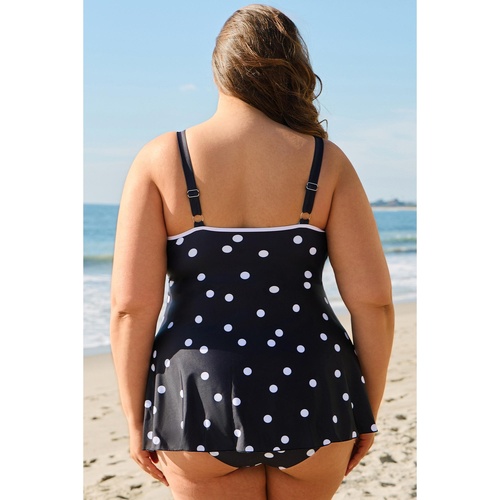 Black Polka Dot Trim V Neck Plus Size Swim Dress - 4X - Main Image
