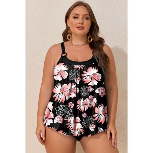 Black 2pcs Plus Size Wide Strap Floral Top Tankini Set - 1X - Main Image