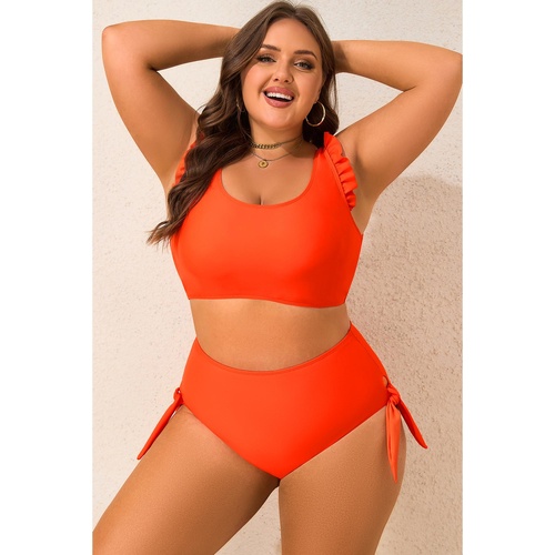 Orange Ruffled Trim Knotted High Waist Plus Size Bikini Set - 1X - Main Image
