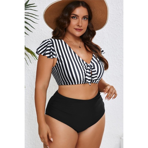 Black Stripe Plus Size Knot Cutout Ruffle Sleeve and High Waisted 2pcs Swimsuit - 3X - Main Image