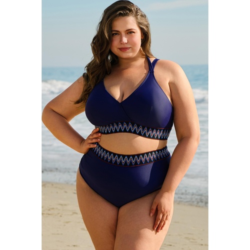 Navy Blue Embroidered Trim Wrap Tie Knot Plus Size High Waisted Bikini - 2X - Main Image