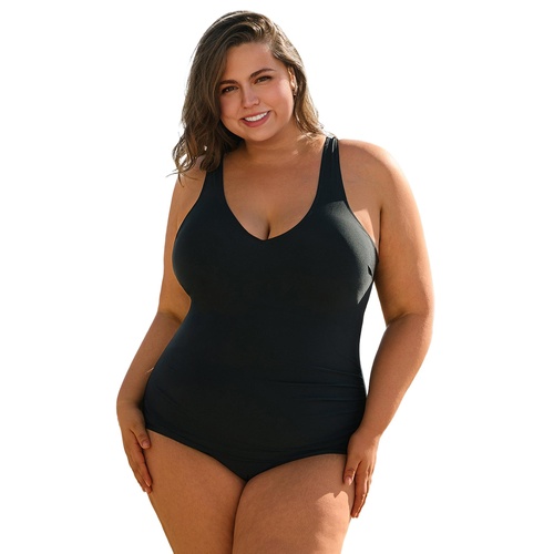 Black Solid Color U Neck Padded Plus Size One Piece Swimsuit - 3X - Main Image
