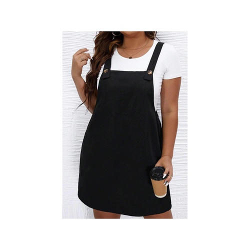 Black Solid Buttoned Straps Plus Size Overall Dress - 2X - Main Image