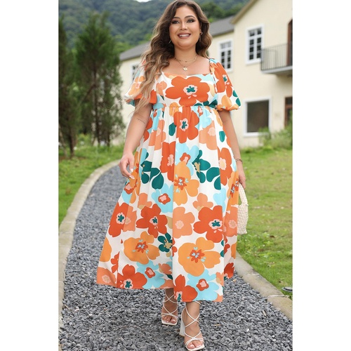 Orange Plus Size Flower Print Shirred Square Neck Maxi Dress - 2X - Main Image