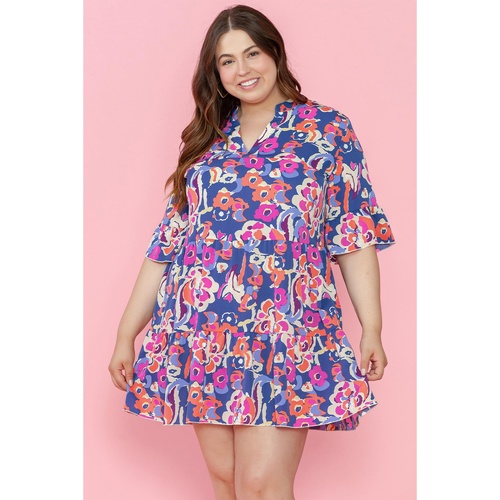 Blue Plus Size Floral Print Ruffled 3/4 Sleeve Mini Dress - 1X - Main Image