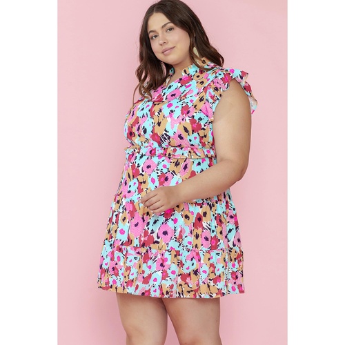 Red Floral Ruffled Cap Sleeve Plus Size Mini Dress - 1X - Main Image