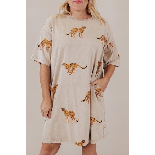 Apricot Plus Size Cheetah Print Side Pockets T Shirt Mini Dress - 1X - Main Image