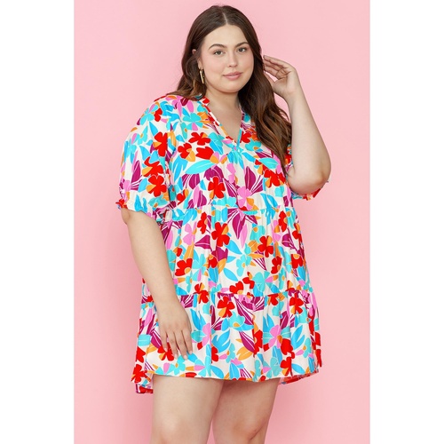 Multicolour Floral Tiered V Neck Plus Dress - 2X - Main Image