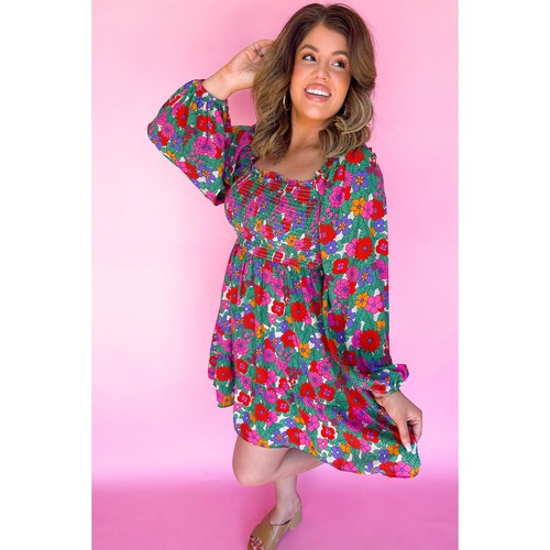White Plus Size Floral Frilled Square Neck Shirred Long Sleeve Dress - 3X - Main Image