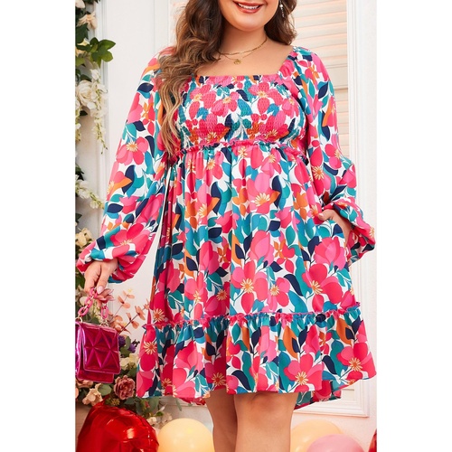Rose Flower Print Smocked Square Neck Plus Size Dress - 1X - Main Image