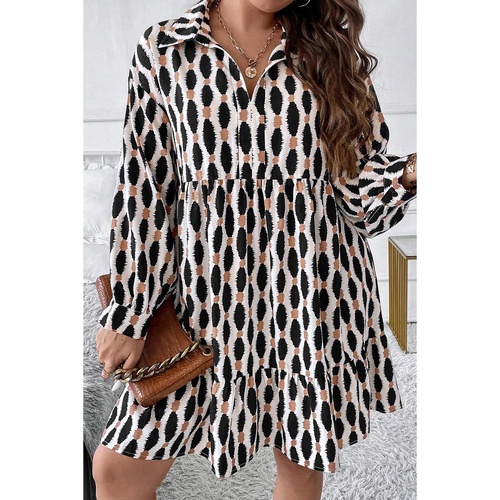 Apricot Geometric Print Collared V Neck Plus Size Mini Dress - 3X - Main Image