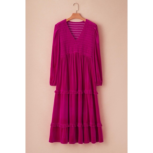 Rose Red Shirred V Neck Tiered Ruffled Velvet Plus Size Maxi Dress - 1X - Main Image