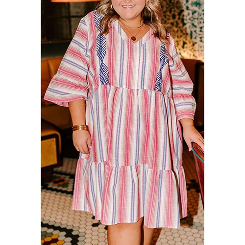 White Stripe Plus Size Embroidered Detail Flared 3/4 Sleeve V Neck Dress - 2X - Main Image