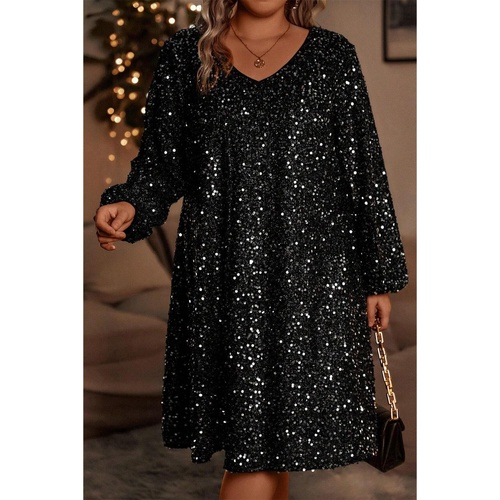 Color black Plus Size Bubble Sleeve V Neck Sequin Dress - 4X - Main Image
