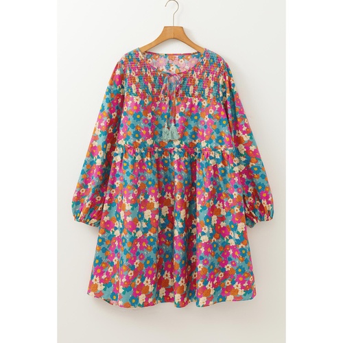 Sky Blue Plus Size Floral Print Shirred Ruffle Tiered Mini Dress - 3X - Main Image