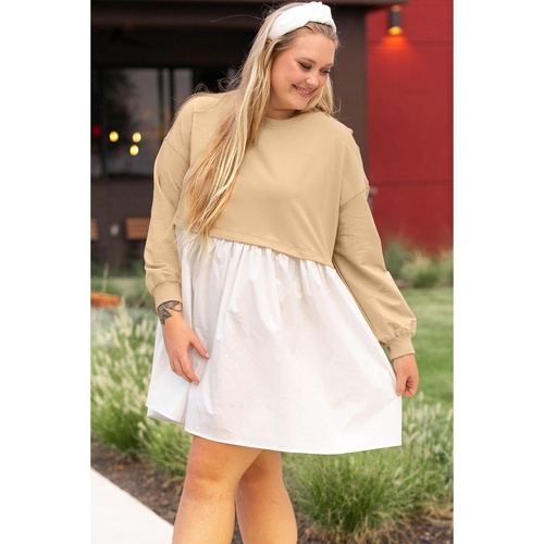 Apricot Color Block Patchwork Ruffled Plus Size Mini Dress - 1X - Main Image