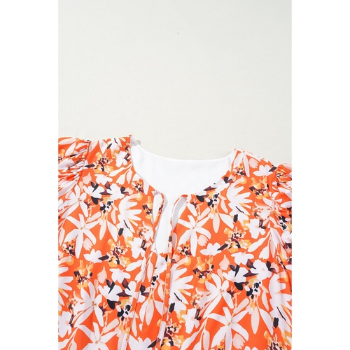 Orange Floral Print Split V Neck Bubble Sleeve Plus Size Midi Dress - 2X - Main Image