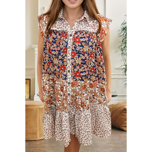 Beige Plus Size Floral Patchwork Button Front Collared Mini Dress - 1X - Main Image