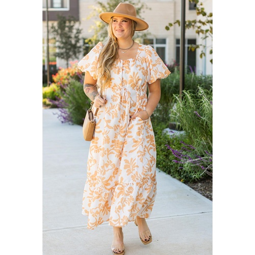 Apricot Floral Print Puff Short Sleeve Resort Plus Size Maxi Dress - 2X - Main Image