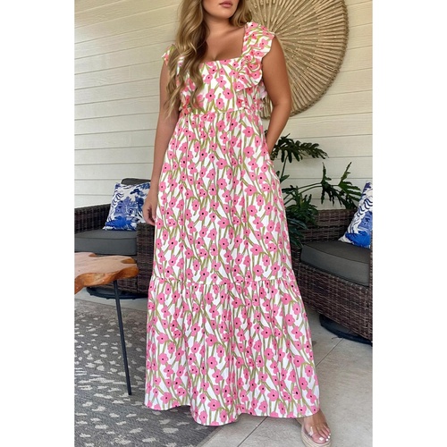 Pink Plus Size Ruffle Trim Square Neck High Waist Floral Maxi Dress - 1X - Main Image