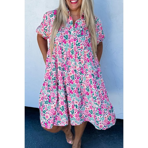 Pink Plus Size Floral Half Button Short Puff Sleeve A-line Dress - 3X - Main Image