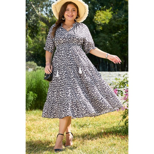 Brown Leopard Tassel Tied Neck Short Sleeve Plus Size Dress - 1X - Main Image