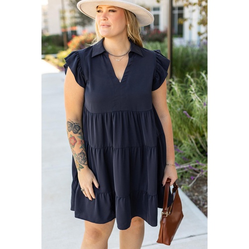 Navy Blue Collared V Neck Flutter Sleeve Tiered Plus Size Dress - 1X - Main Image