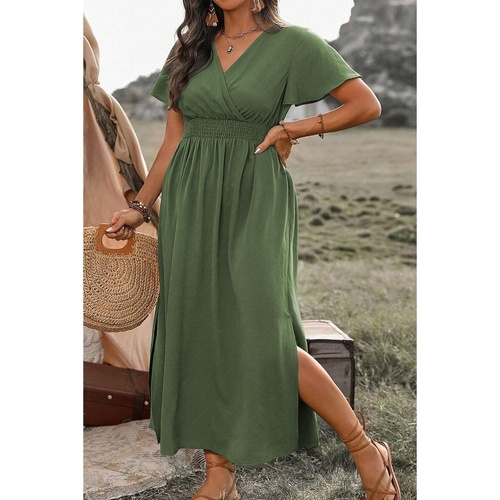 Four Leaf Clover Surplice Neckline Shirred High Waist Plus Size Maxi Dress - 3X - Main Image