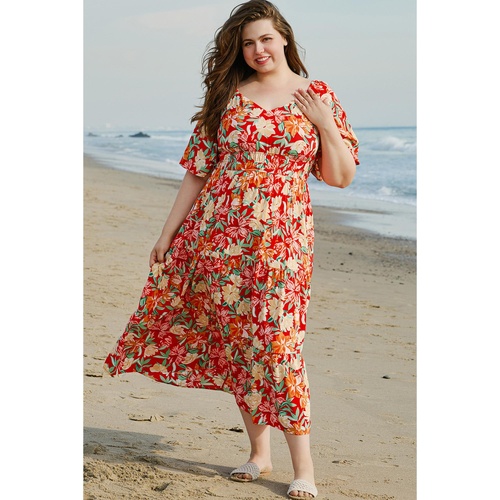 Orange Floral V Neck Flutter Sleeve Cinched Waist Long Plus Size Dress - 1X - Main Image