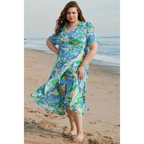 Green Leaves Print Short Sleeve Surplice Neck Ruffled Trim Plus Size Maxi Dress - 4X - Main Image