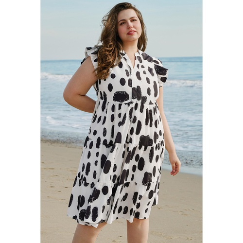 White Polka Dot Print Ruffled Sleeve Pocketed Plus Size Midi Dress - 1X - Main Image