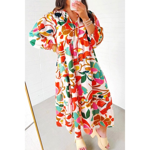 Orange Floral Print Drawstring V Neck Tiered Plus Size Dress - 1X - Main Image
