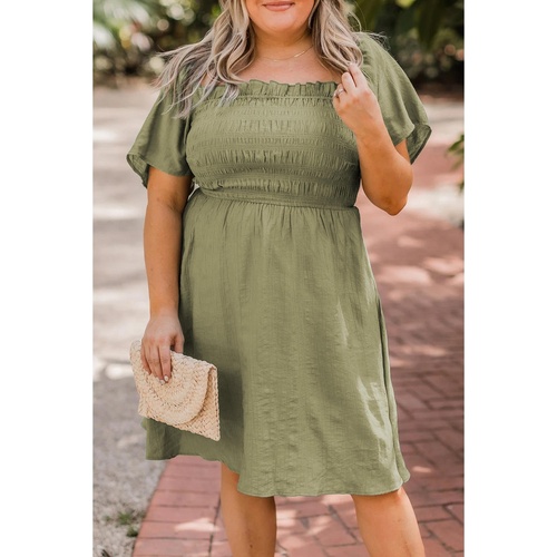 Grass Green Frilly Square Neck Flutter Sleeve Smocked High Waist Plus Size Dress - 2X - Main Image