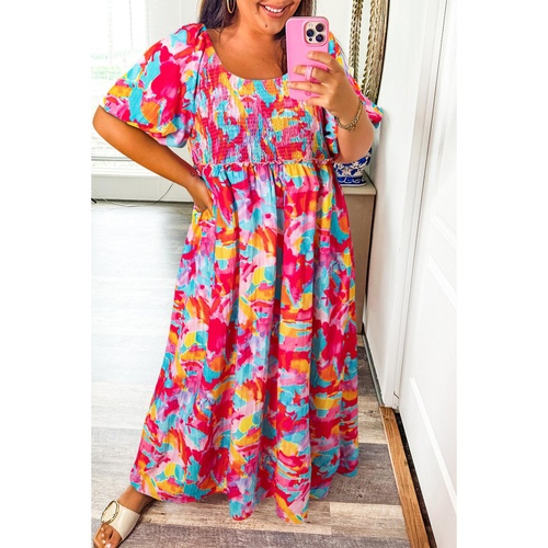 Rose Abstract Printed Puff Sleeve Square Neck Smocked Bust Tied Back Plus Size Dress - 1X - Main Image