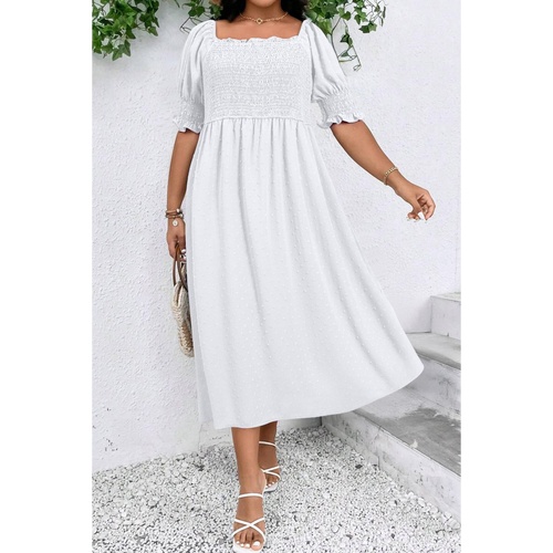 White Swiss Dot Smocked Frilled Neckline Short Sleeve Plus Size Dress - 3X - Main Image