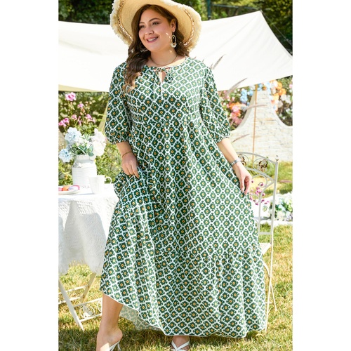 Green Geometric Floral Print Half Sleeve Plus Size Maxi Dress - 1X - Main Image