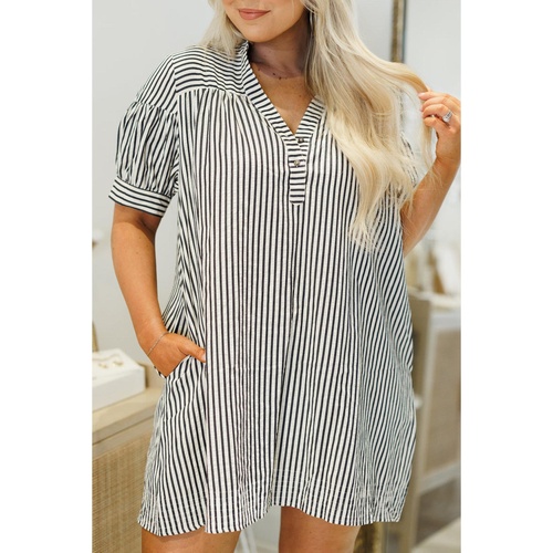 Black Stripe Short Sleeve Buttoned V Neck Pocketed Plus Size Mini Dress - 4X - Main Image