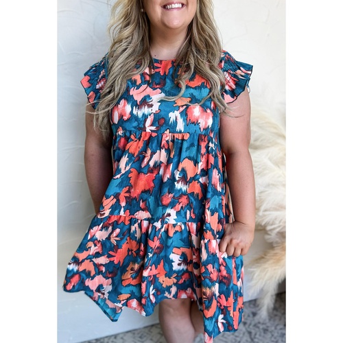 Blue Abstract Print Shirred Ruffled Short Sleeve Tiered Plus Size Mini Dress - 1X - Main Image