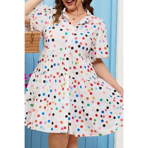 White Polka Dot Print Bubble Sleeve Button Up Plus Size Shirt Dress - 4X - Main Image