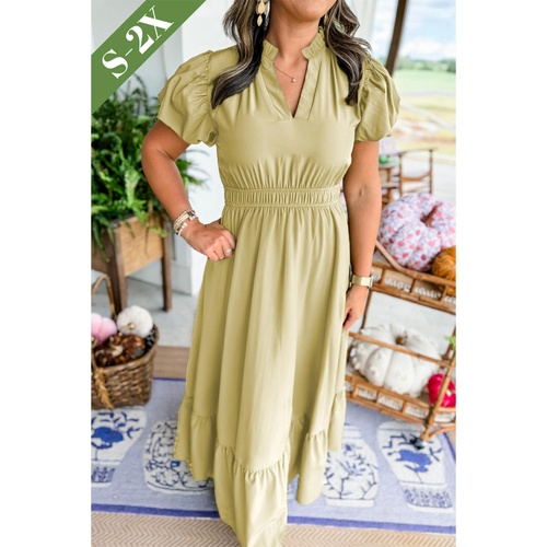Laurel Green Notched V Neck Puff Sleeve Tiered Plus Size Maxi Dress - 1X - Main Image
