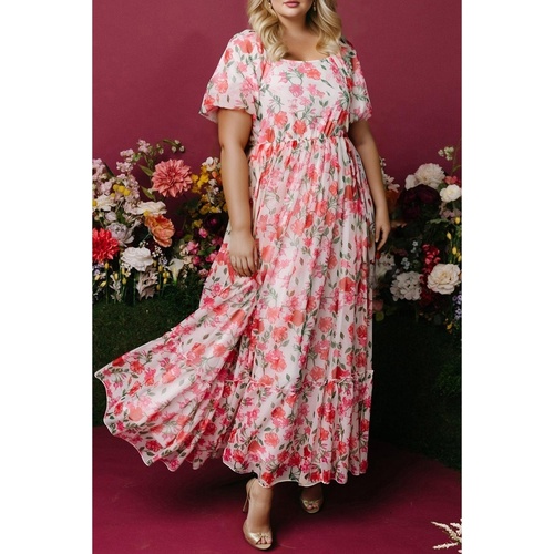 Pink Plus Size Floral Square Neck Puff Sleeve Ruffle Maxi Dress - 1X - Main Image