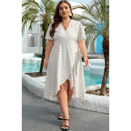Khaki Polka Dot Surplice V Neck Tied Waist Flutter Sleeve Flowy Plus Size Midi Dress - 1X - Main Image