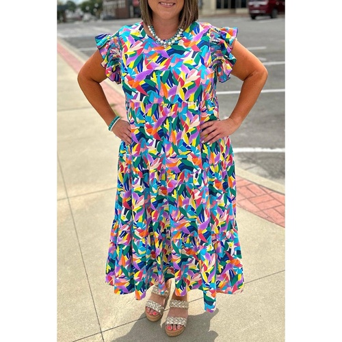 Blue Geometric Print Ruffled Short Sleeve Plus Size Tiered Maxi Dress - 3X - Main Image
