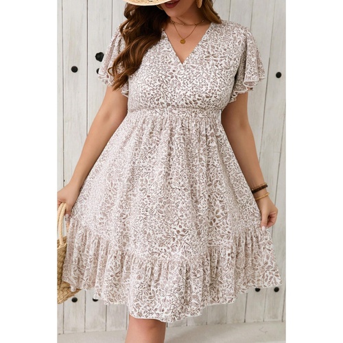 White Floral V Neck Ruffled Short Sleeve Plus Size Dress - 3X - Main Image