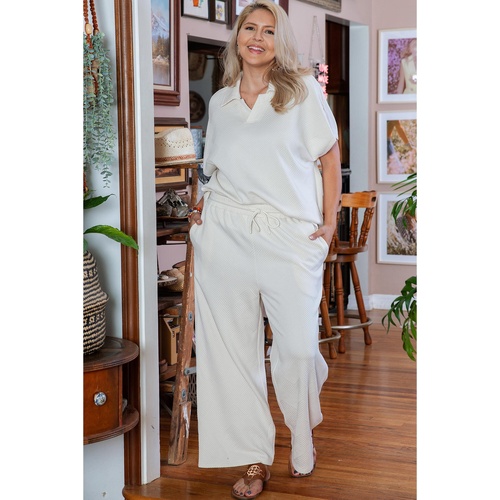 Beige Plus Size Textured Collared Top and Pants Set - 1X - Main Image