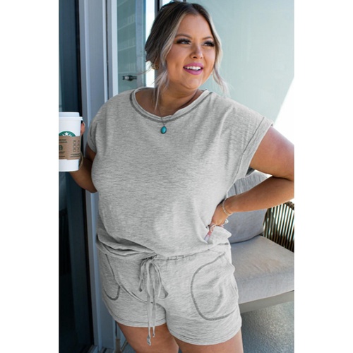 Gray Contrast Stitching Cuffed Sleeve Plus Shorts Set - 1X - Main Image