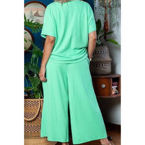 Mint Green Textured Batwing Sleeve Tee Wide Leg Pants Plus Size Set - 1X - Main Image