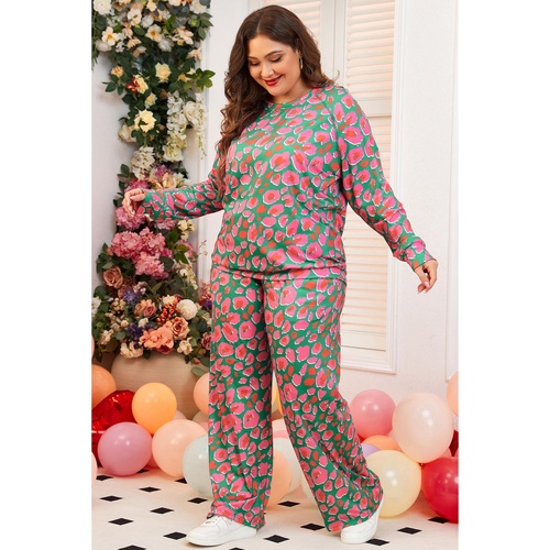 Green Plus Size Printed Long Sleeve and Pants Lounge Set - 4X - Main Image